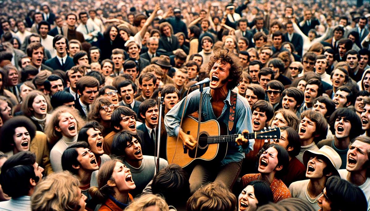 Bob Dylan performing a protest song to a large, engaged crowd in the 1960s