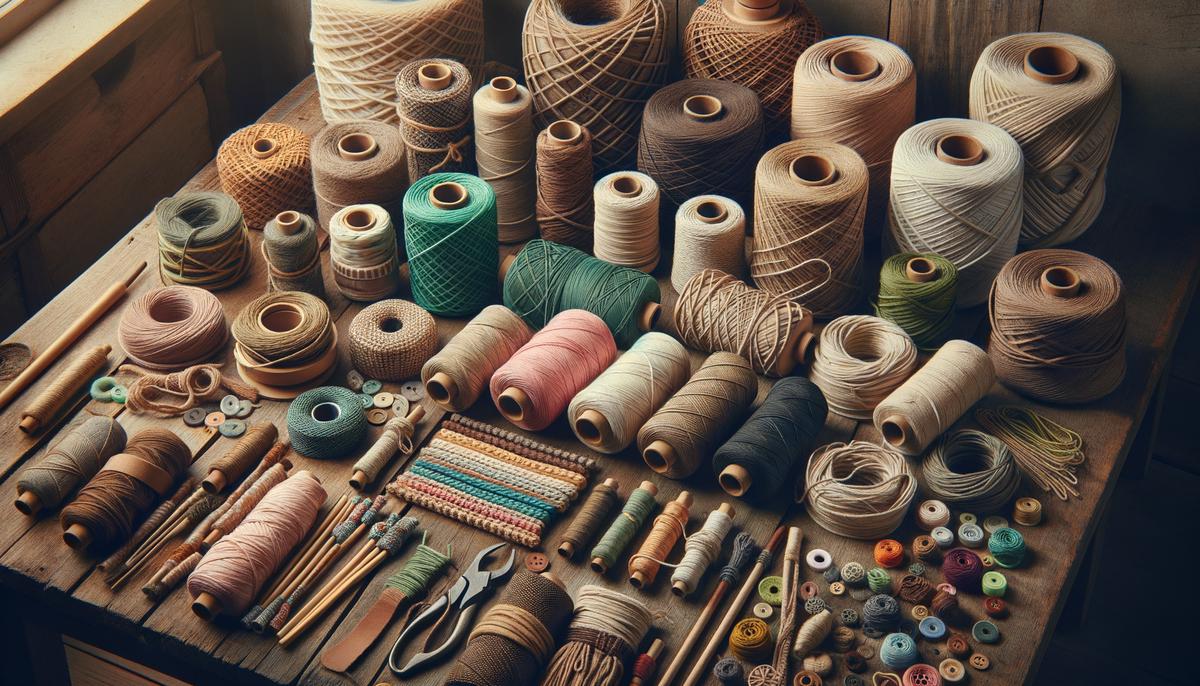 A variety of sustainable macrame materials including organic cotton, hemp, jute, and bamboo yarn