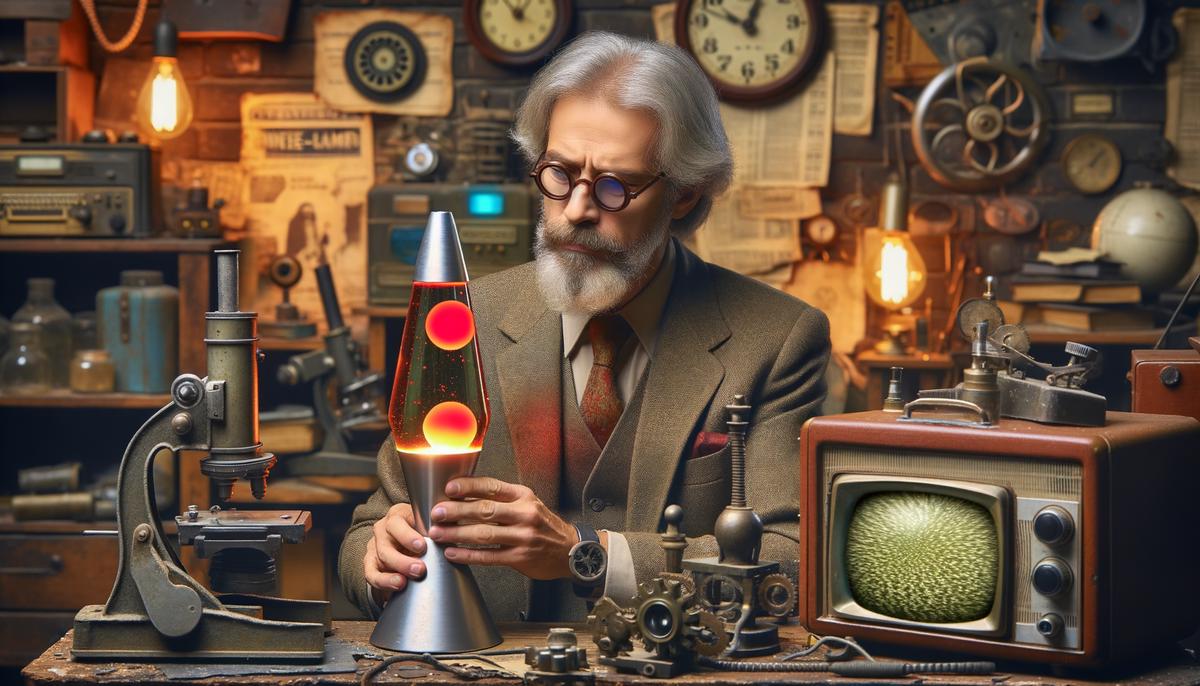 Edward Craven Walker, an eccentric British inventor, holding the first Astro Lamp in his workshop