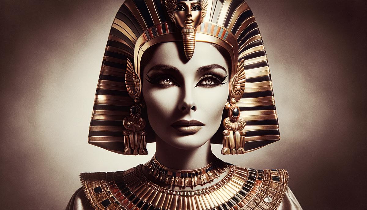Elizabeth Taylor in full Cleopatra costume and makeup, exuding regal glamour