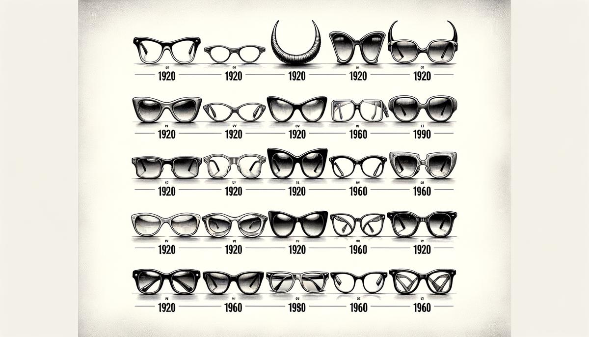 A timeline display showing the evolution of horn-rimmed glasses from the 1920s to the 1960s