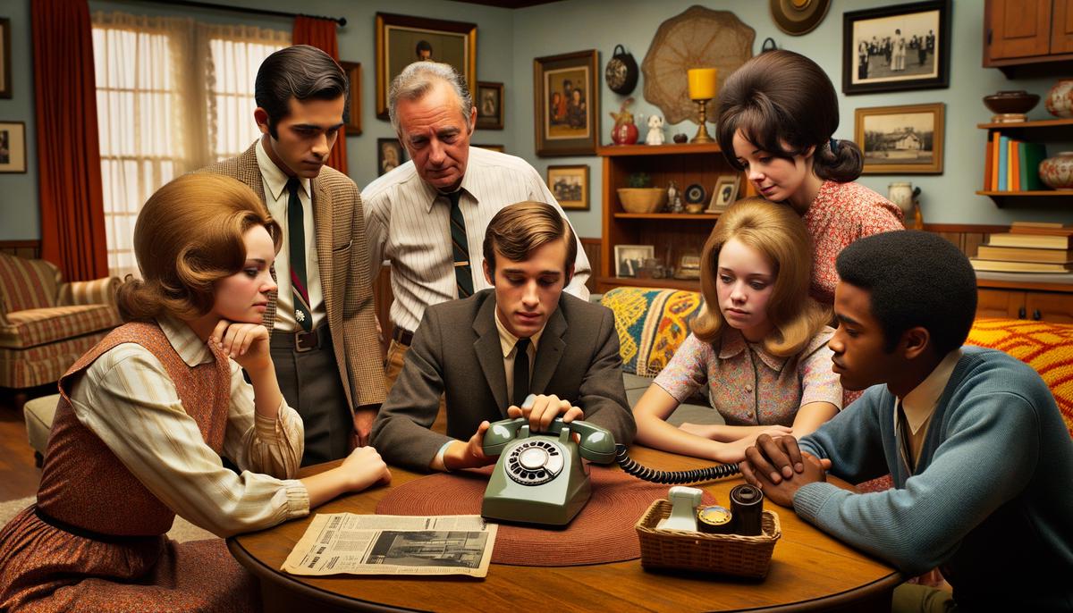 A 1960s family gathered around a rotary phone, listening to a call