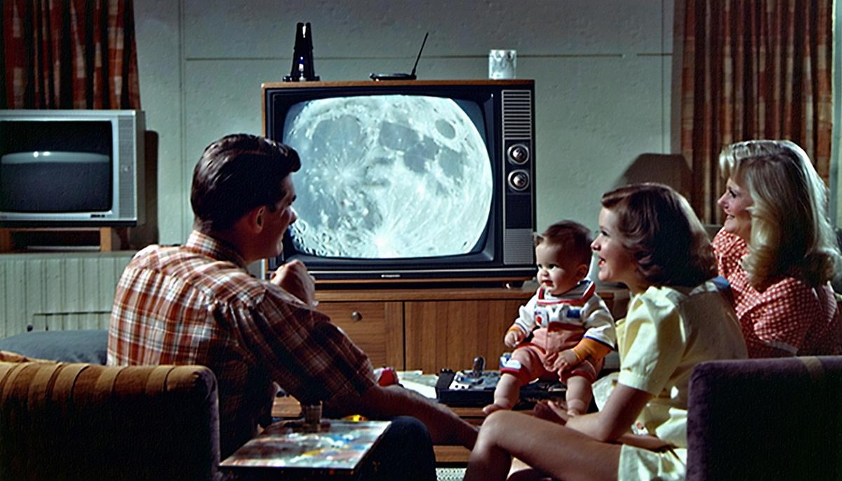 1960s American family gathered around TV watching the moon landing, expressions of awe and excitement
