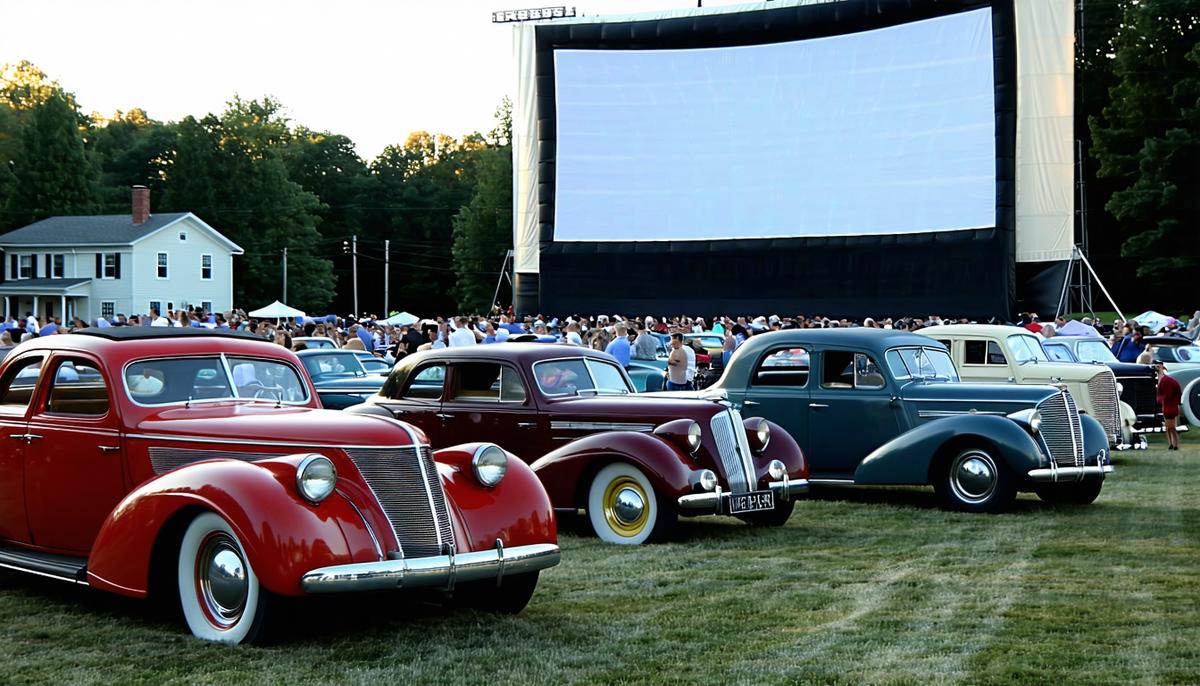 A recreation of the first drive-in theater in New Jersey, 1933, with vintage cars parked in front of a large outdoor screen