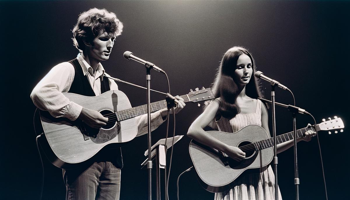Joan Baez and Bob Dylan performing together at a 1960s folk concert