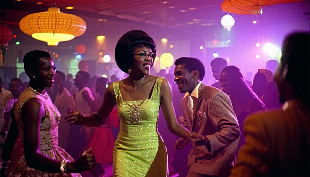 A lively 1960s dance club with people dancing to funk and soul music