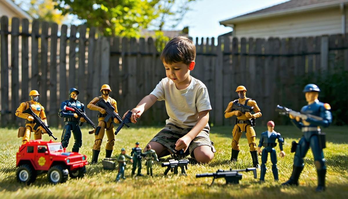 A young boy in the 1960s playing with G.I. Joe figures in a backyard setting
