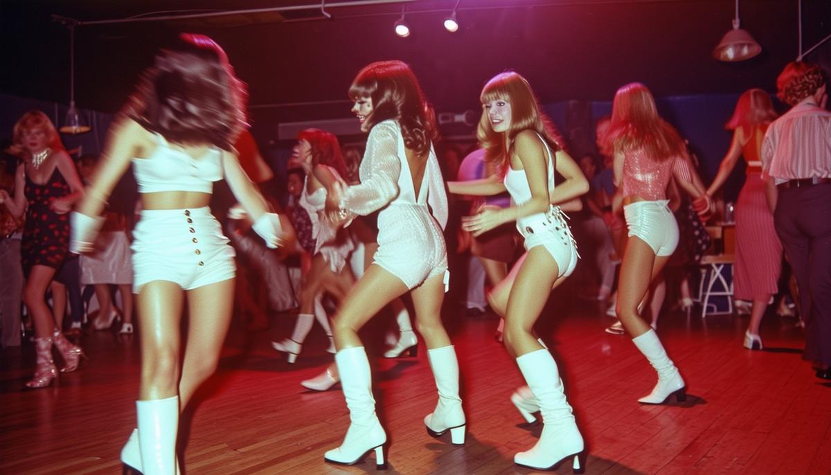 Young women dancing in white go-go boots at a 1960s discotheque