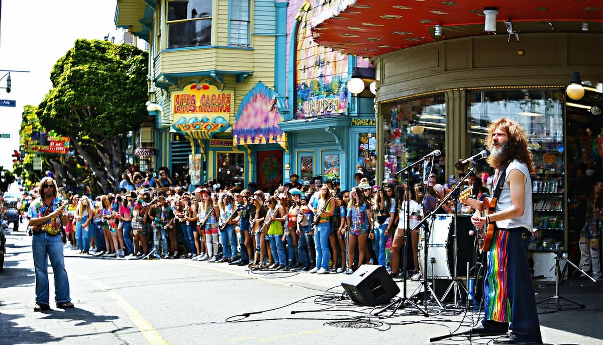 A vibrant street scene in Haight-Ashbury during the Summer of Love, showing hippies, musicians, and colorful storefronts