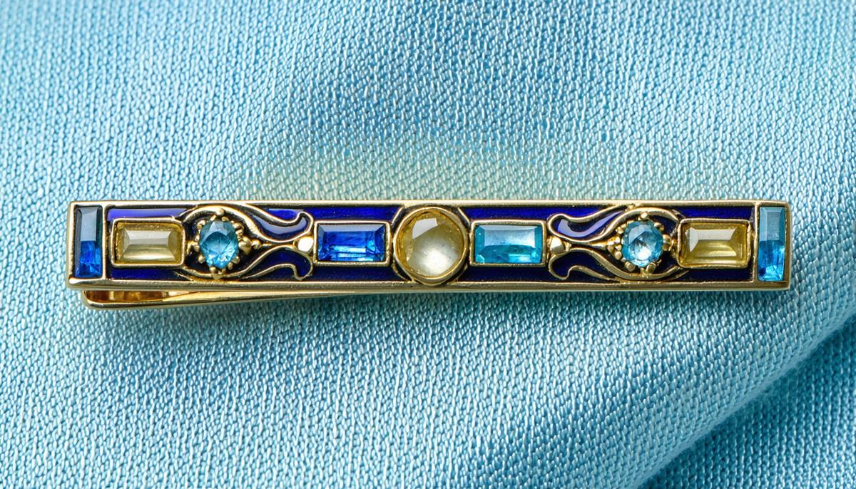A close-up of a handmade 1960s tie clip featuring intricate enamel work and gemstones