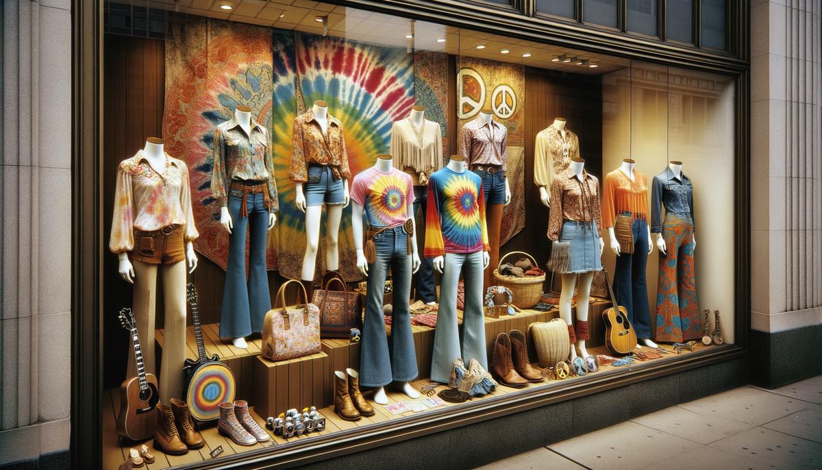 A storefront window displaying commercialized hippie fashion and accessories in the late 1960s