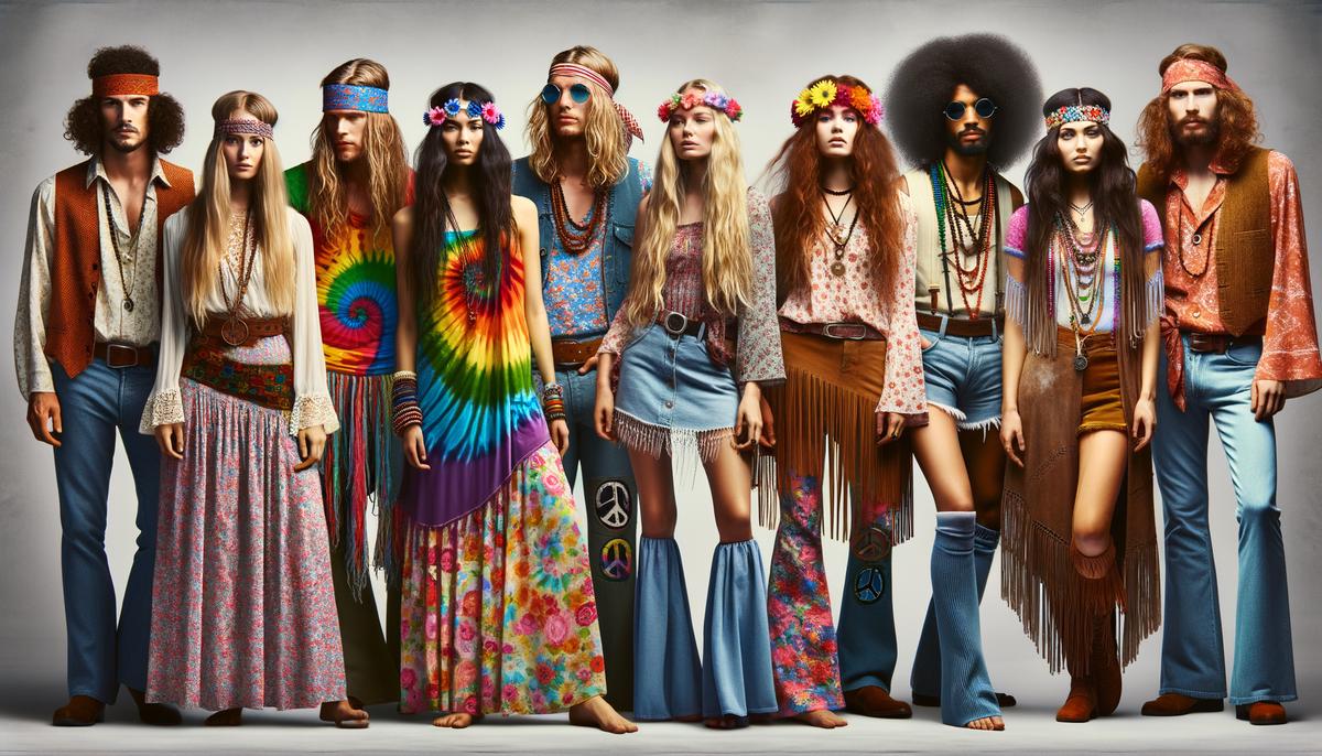 A group of young people wearing colorful hippie fashion from the Summer of Love era