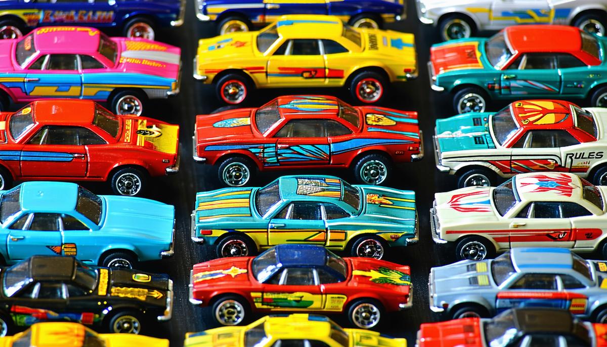 A diverse collection of 1960s Hot Wheels cars showcasing various models and vibrant colors
