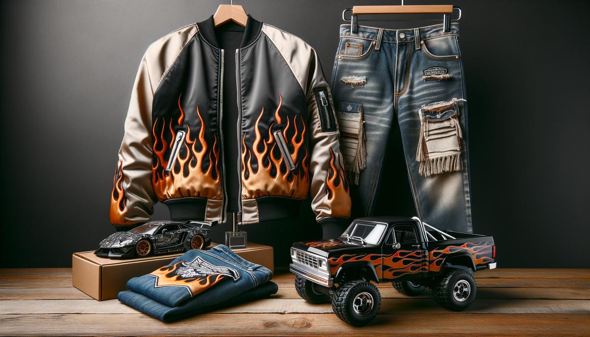A display of the modern Hot Wheels Wrangler merchandise collection including clothing and a die-cast car