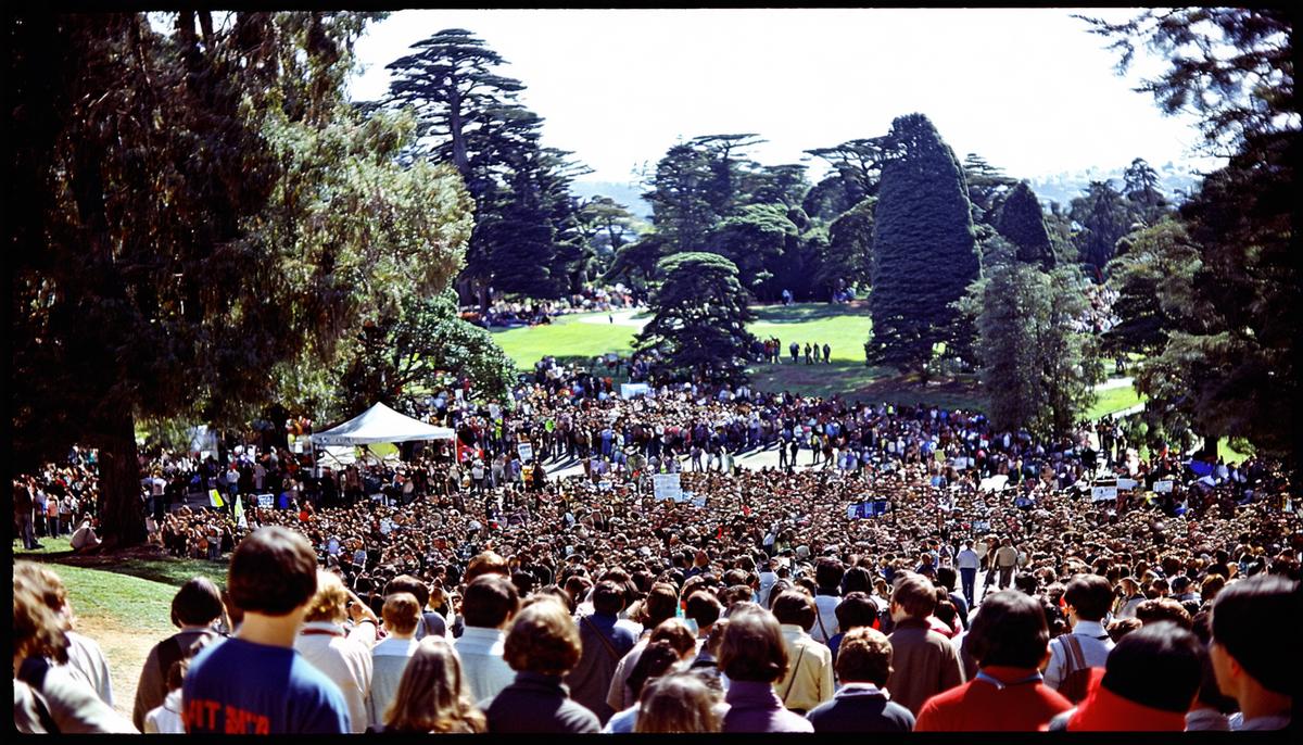 A large crowd gathered at Golden Gate Park for the Human Be-In event in January 1967