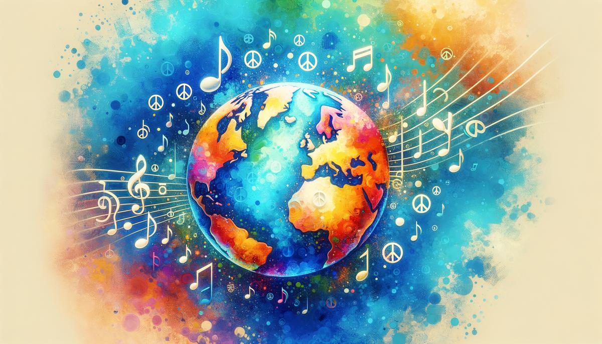 Globe with music notes and peace symbols emanating from it