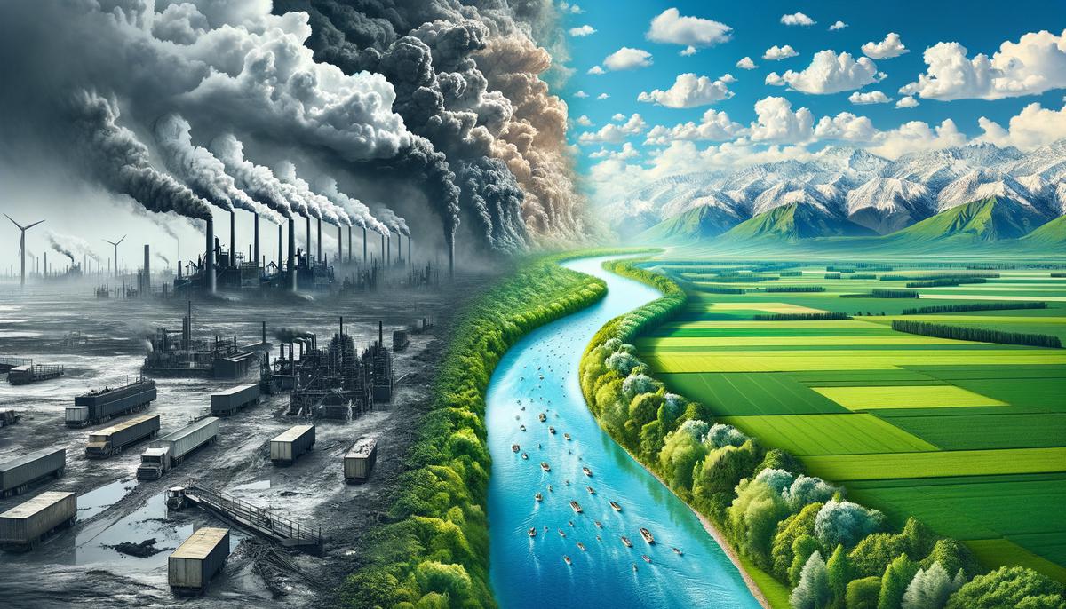 A split image showing industrial pollution on one side and pristine nature on the other, symbolizing the shift in environmental awareness