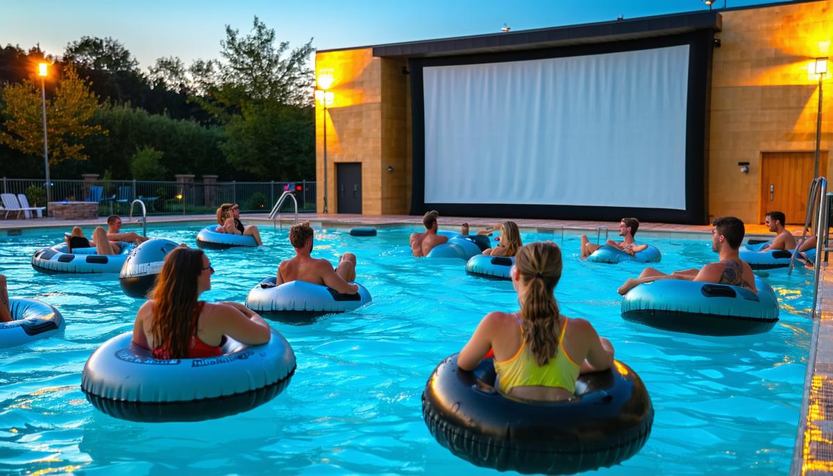 A creative modern drive-in setup with people watching a movie from inner tubes in a pool, showcasing innovative revival concepts