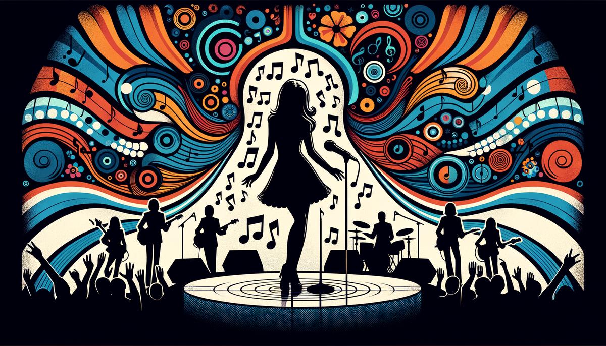 A symbolic image showing Janis Joplin's silhouette on stage, with her influence reaching out to modern musicians and fans
