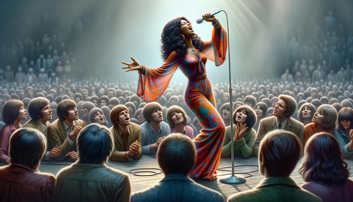 Janis Joplin performing at the 1967 Monterey Pop Festival, captivating the audience with her powerful voice and stage presence