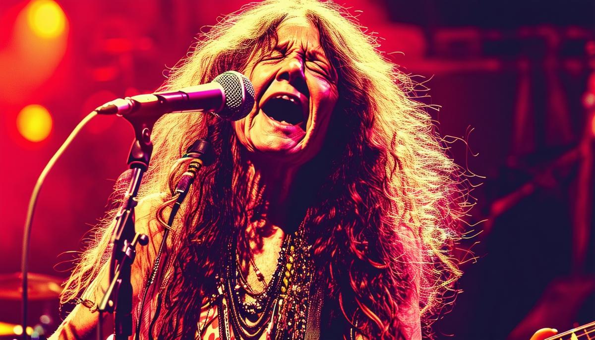 Janis Joplin performing passionately on stage at Woodstock