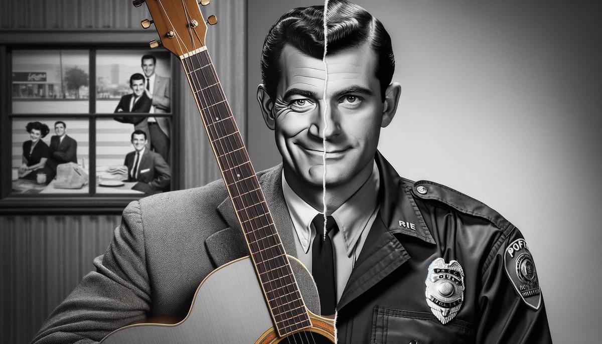 Split image of Jerry Mathers with a guitar and Ken Osmond in a police uniform, showing their post-Beaver careers