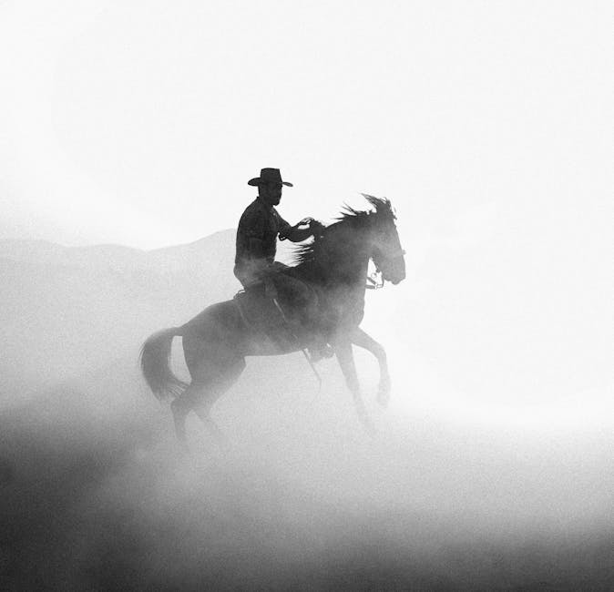 John Wayne on horseback, silhouetted against a dramatic Western landscape