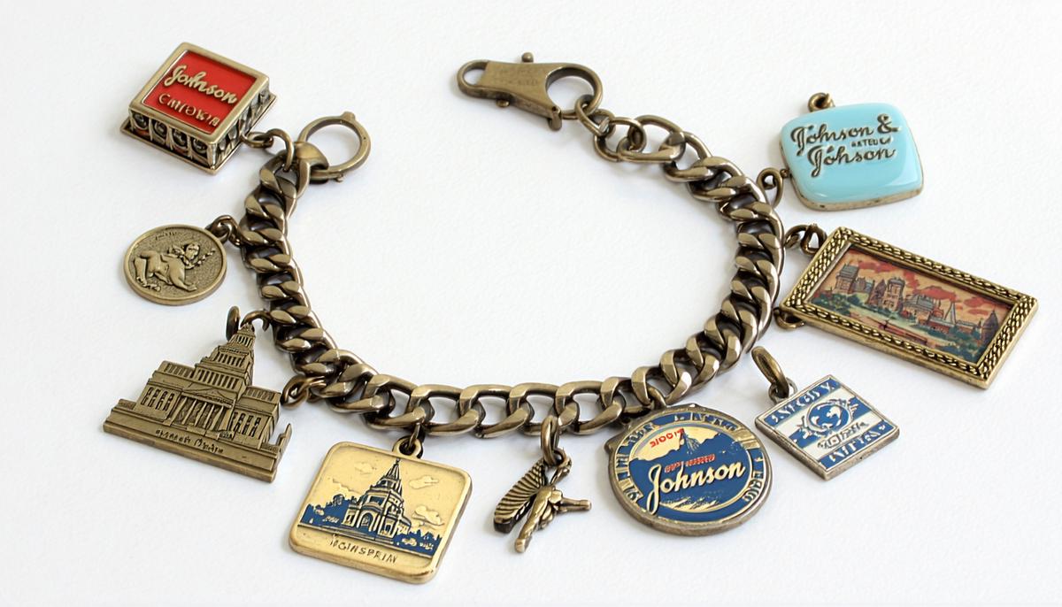 A vintage Johnson & Johnson employee charm bracelet with various company-related charms