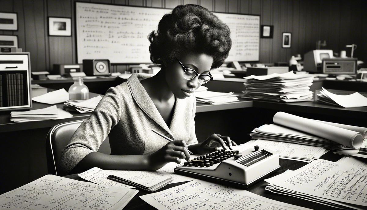Katherine Johnson working on complex calculations at her NASA desk