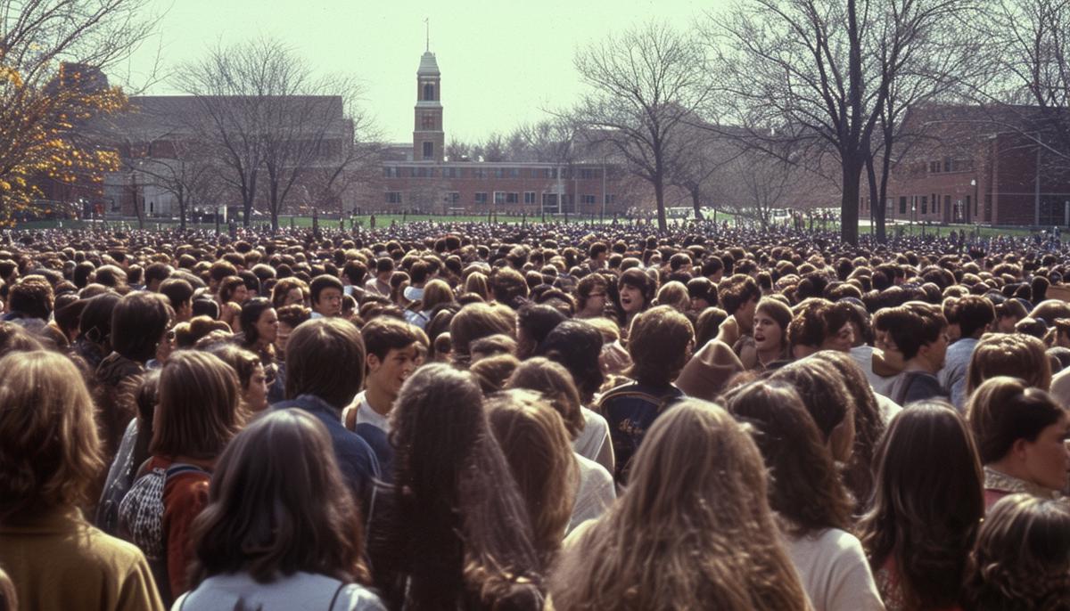 Students gathering for a protest on the Kent State University Commons in May 1970