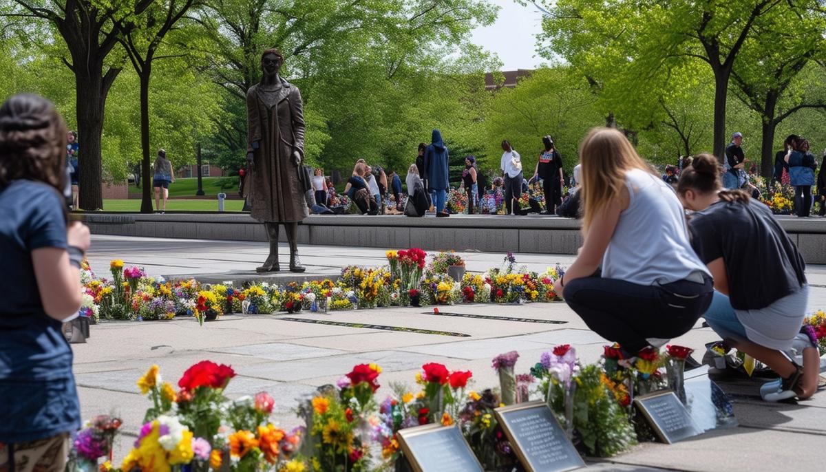 The Kent State University May 4 Memorial, with people paying respects