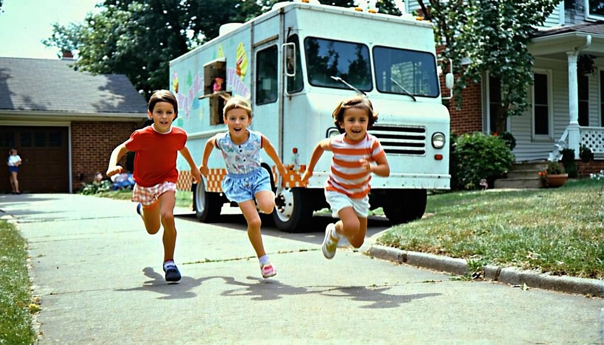 Children from the 1960s running after an ice cream truck through a neighborhood