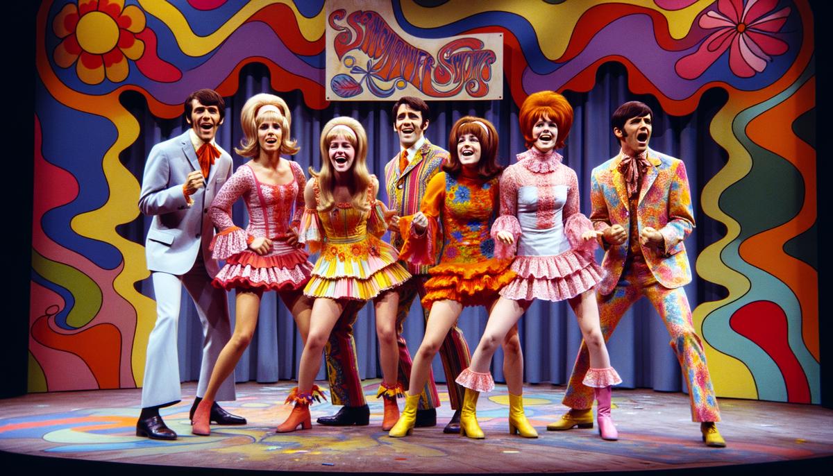 The cast of Rowan and Martin's Laugh-In performing a colorful sketch