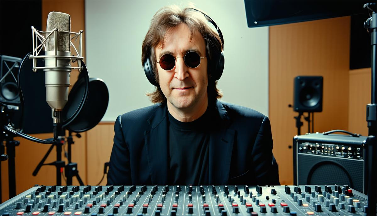 Split image of John Lennon recording Imagine and Happy Xmas (War is Over)