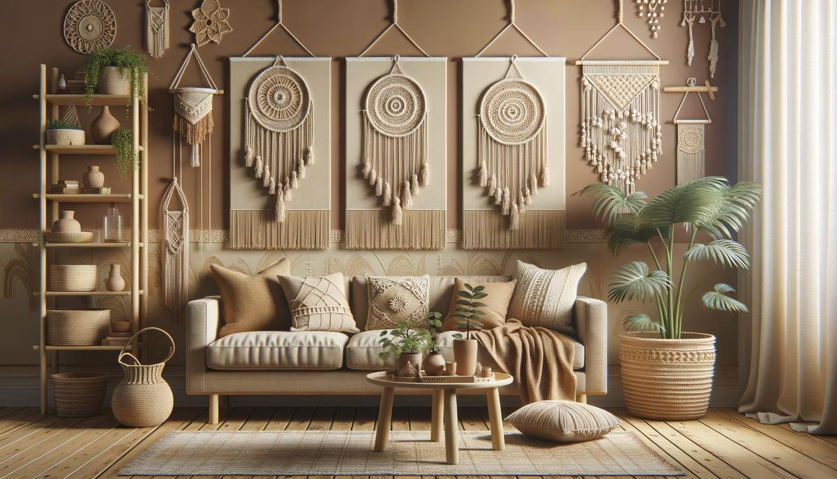 A collection of macrame home decor items including wall hangings, plant hangers, and pillow covers in a bohemian-style room