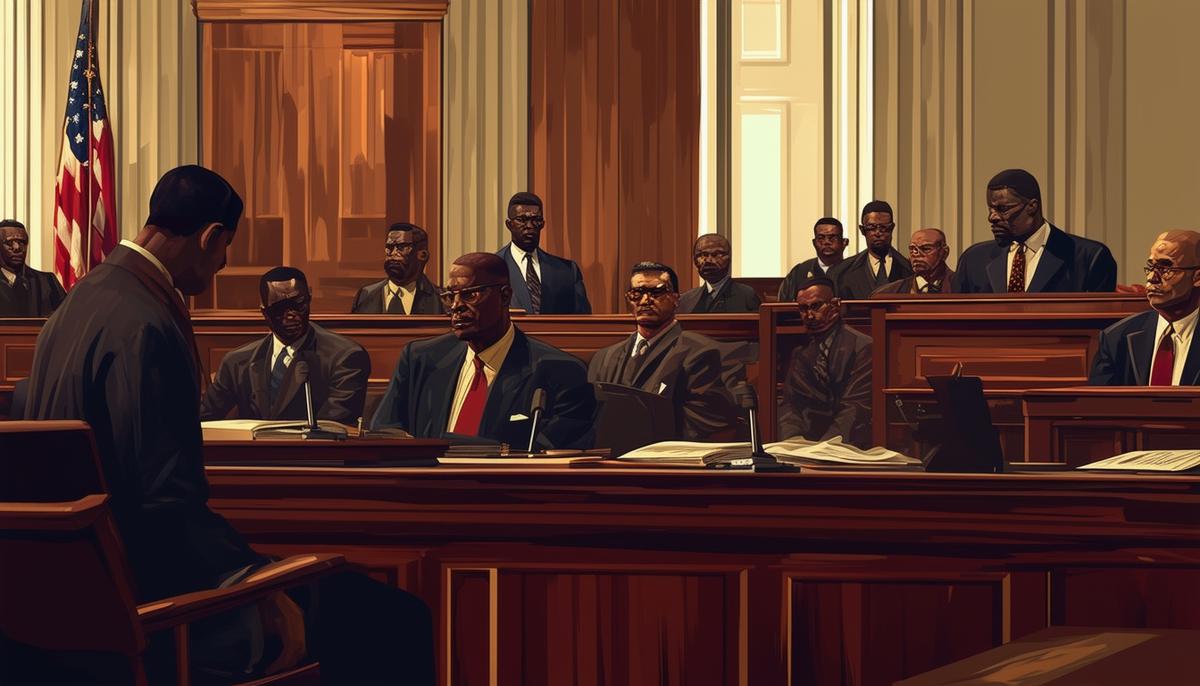 Courtroom scene during the trial of Malcolm X's assassins