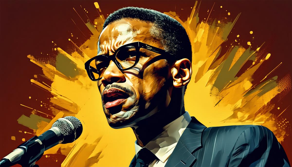 Malcolm X wearing his iconic horn-rimmed glasses while giving a powerful speech