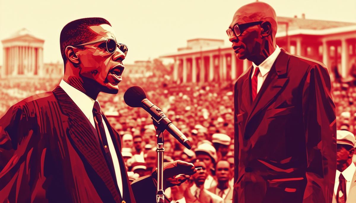 Malcolm X speaking at a Nation of Islam rally, with Elijah Muhammad in the background