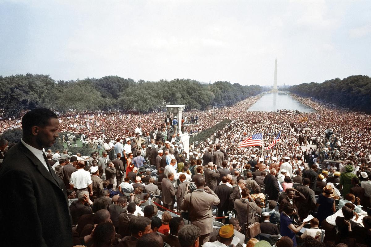 Aerial view of the massive crowd gathered at the March on Washington in 1963