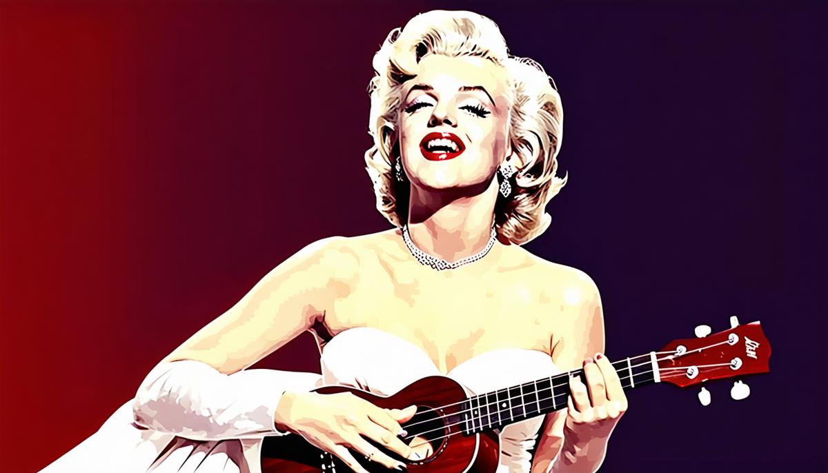 Marilyn Monroe in her iconic white dress from Some Like It Hot, singing and playing the ukulele