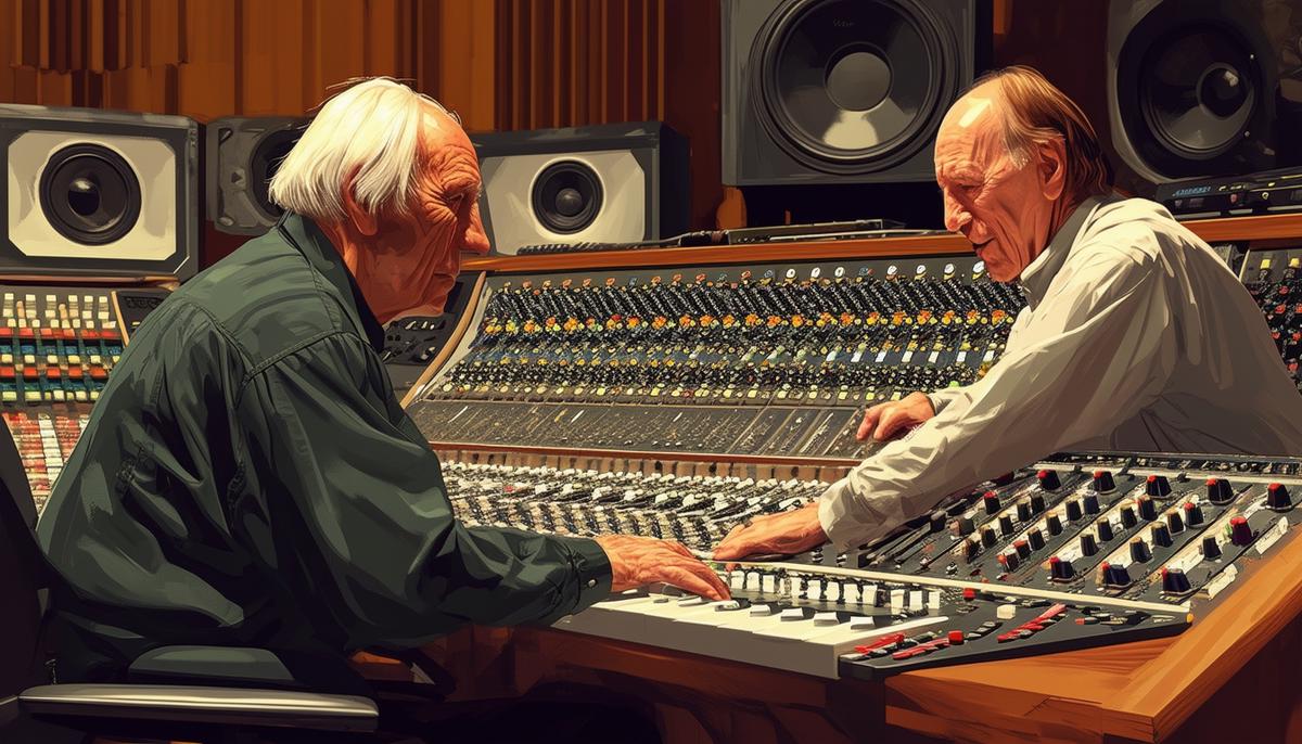 George Martin and Geoff Emerick working at a complex mixing board in Abbey Road Studios