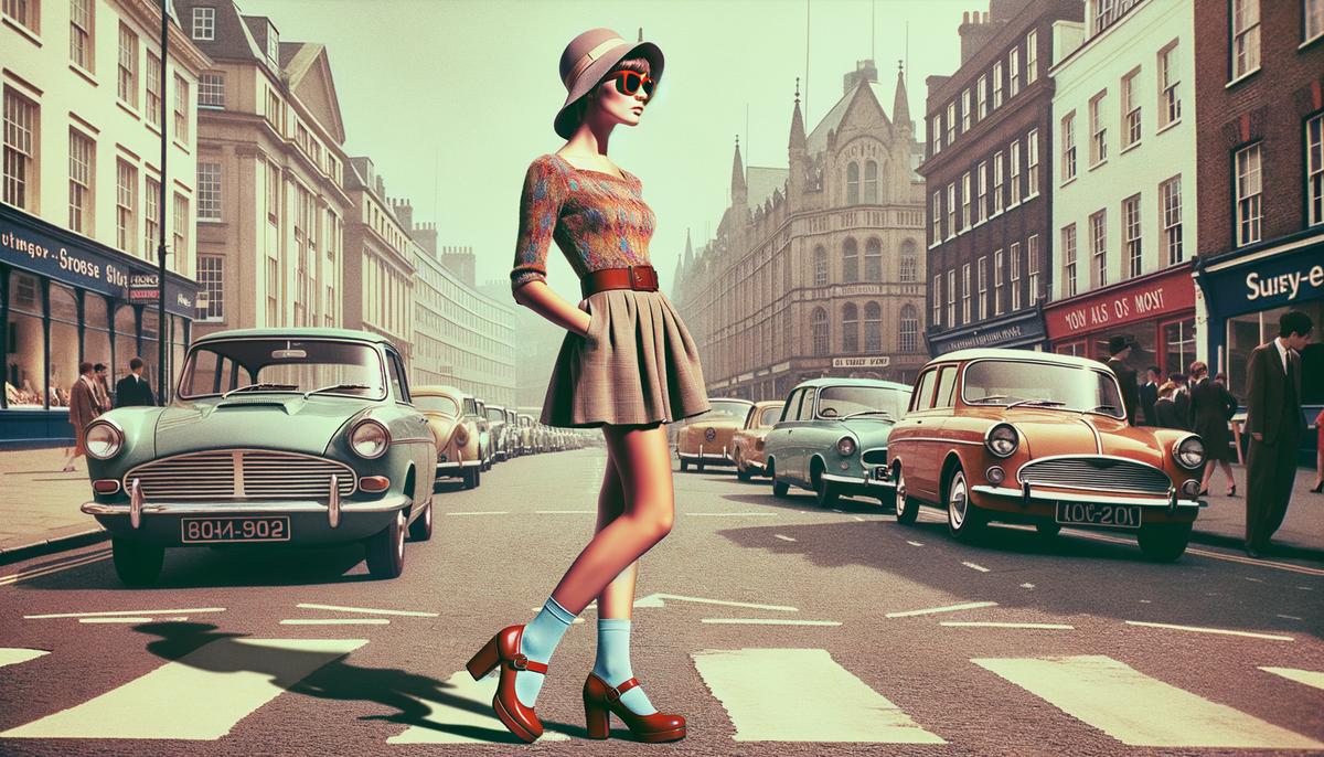 A young woman in a mod outfit wearing colorful Mary Jane shoes on a 1960s street