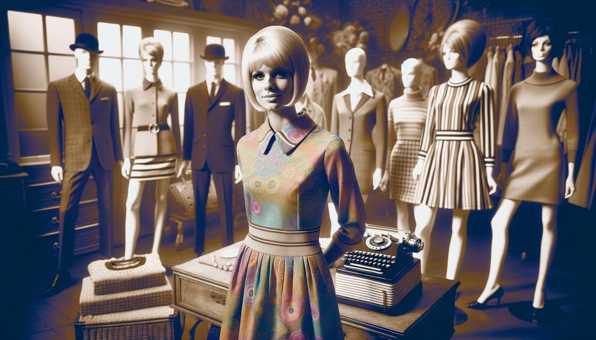 Mary Quant in her iconic Bazaar shop surrounded by colorful miniskirts and mod fashion