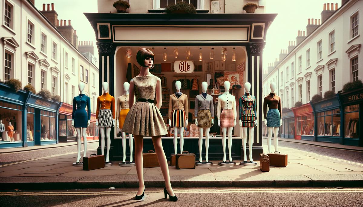 Mary Quant standing proudly in front of her Bazaar shop in London, surrounded by mannequins wearing her iconic mini skirt designs