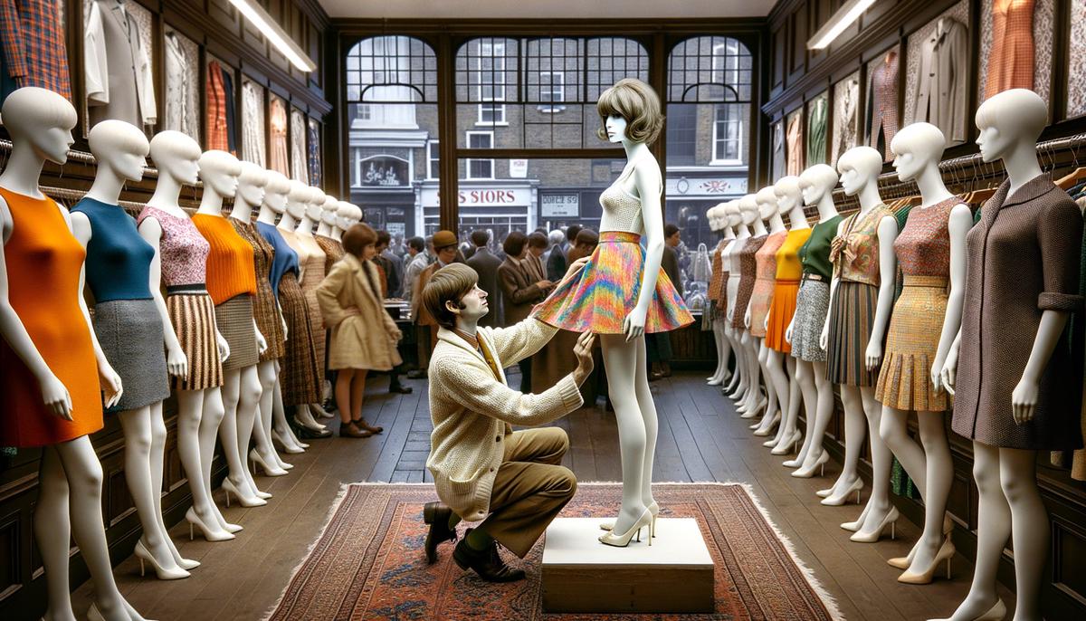 Mary Quant adjusting a vibrant miniskirt on a model in a 1960s fashion boutique