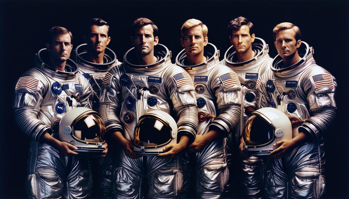 The Mercury 7 astronauts posing together in their silver spacesuits