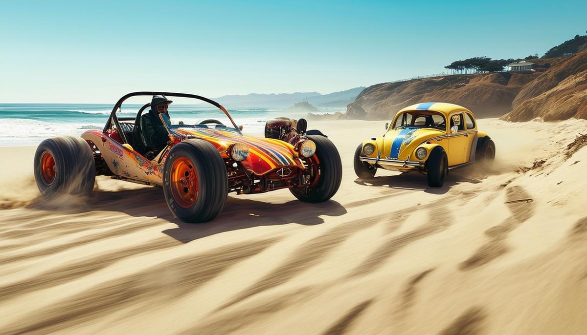 A colorful Meyers Manx dune buggy and a modified Baja Bug racing across a sunny California beach, embodying 1960s car culture