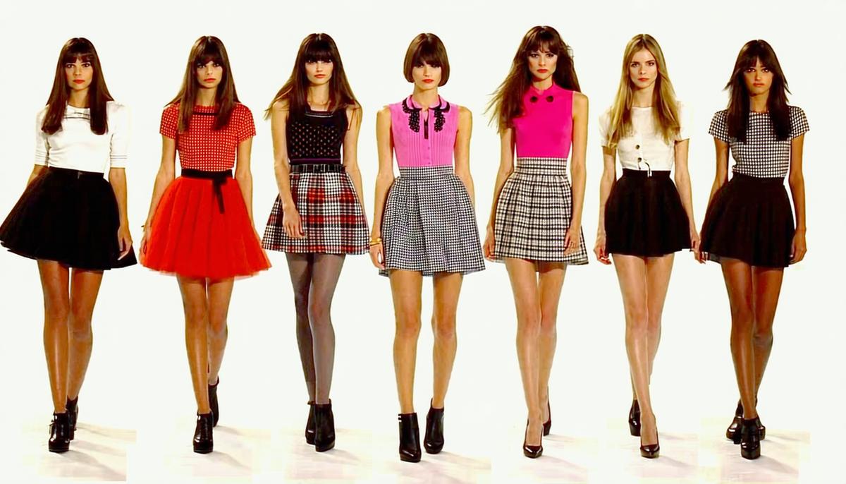 A series of fashion models showcasing the evolution of the mini skirt from the 1960s through to modern day, highlighting different styles and cultural influences