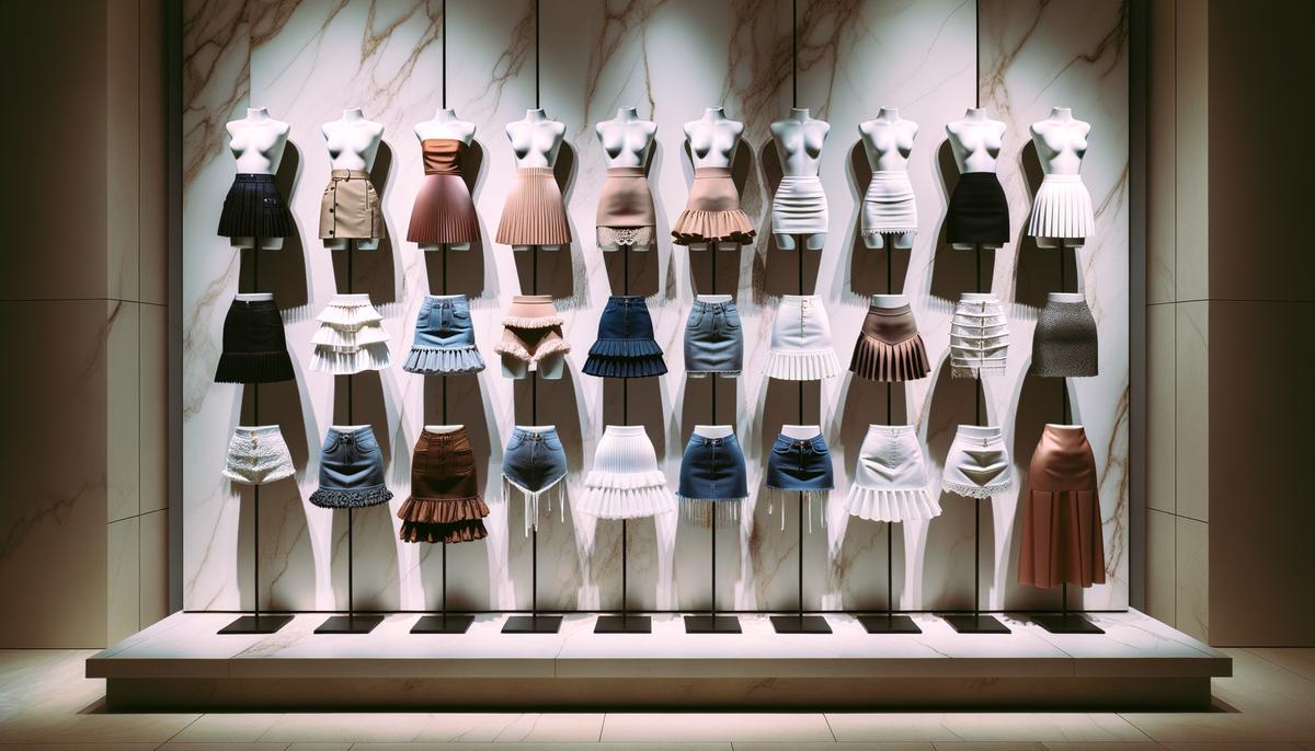 A contemporary fashion display showing various modern interpretations of the classic miniskirt