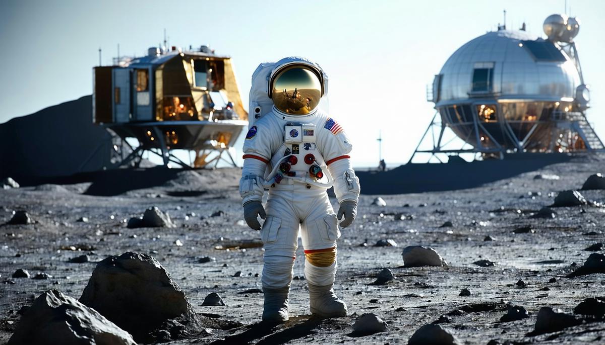 Modern astronaut on the moon with futuristic lunar base in background